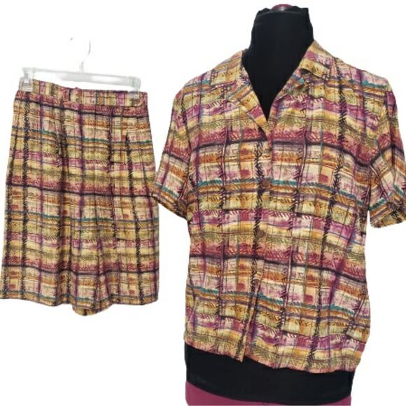 Liz Claiborne 100% Silk Plaid Button Front Top and High Rise Shorts Suit Set 8